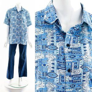 Midcentury Blue Silk Shirt,Vintage Tribal Silk Blouse,Blue Pyschedelic Print Top